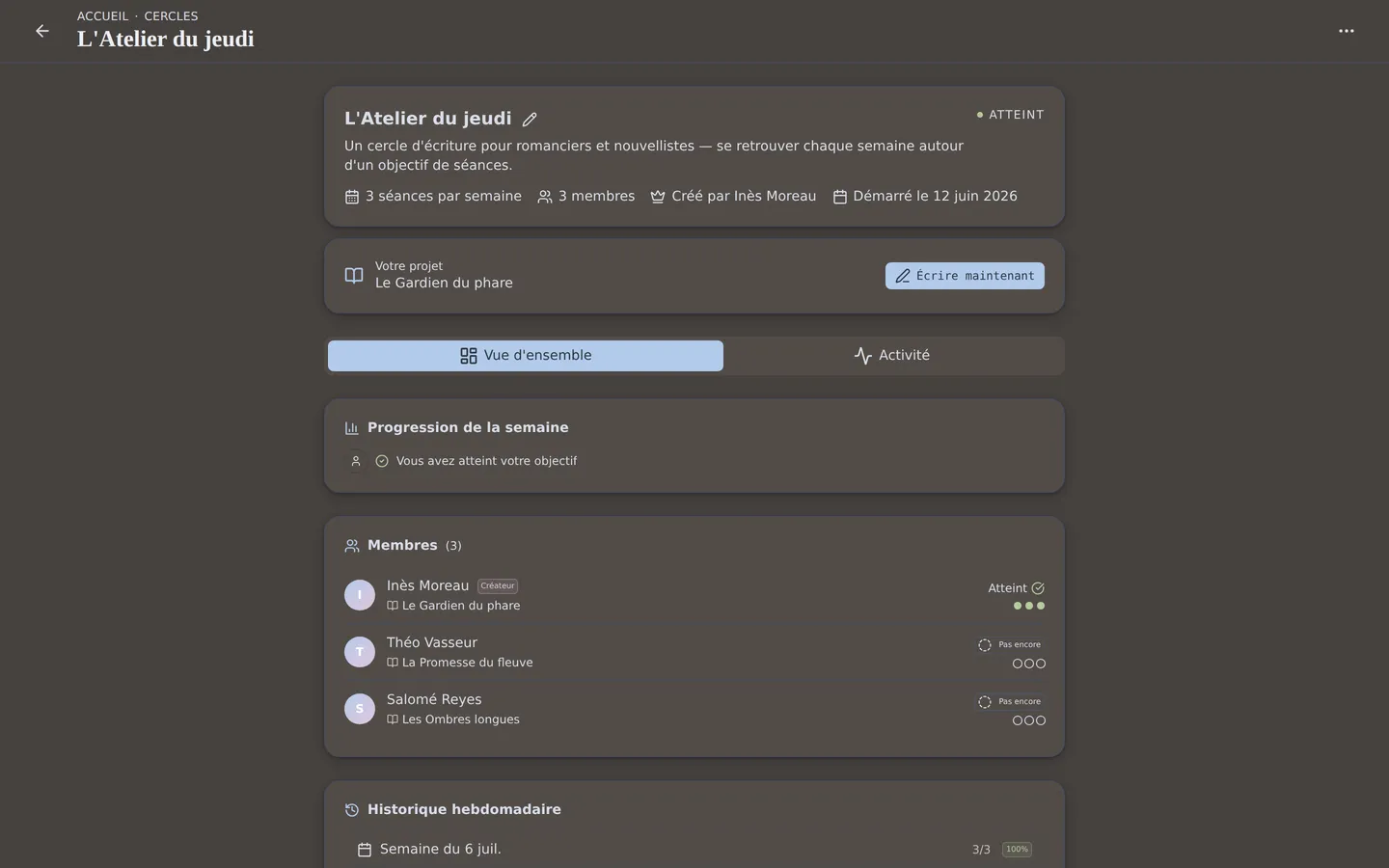 La communauté d'écriture : les cercles et le fil d'activité qui vous portent.