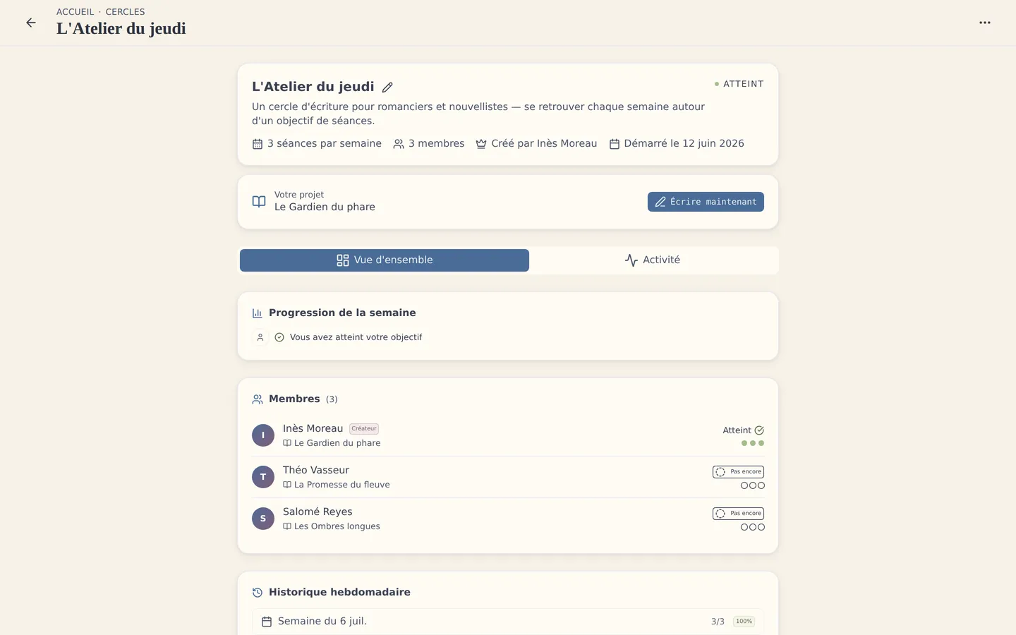 La communauté d'écriture : les cercles et le fil d'activité qui vous portent.