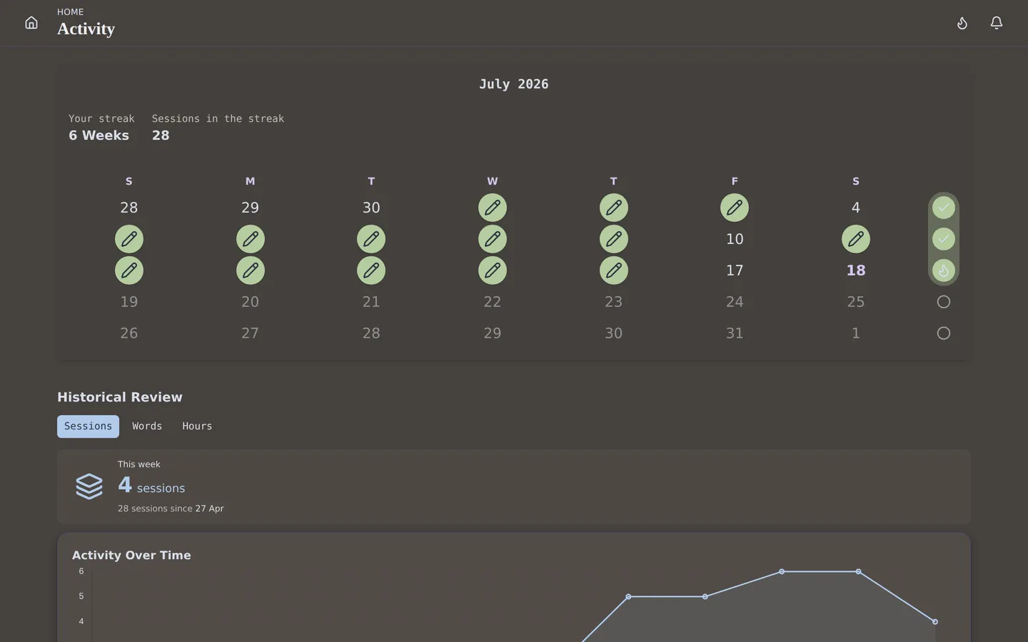 Progress & sessions: your streak, your rhythm, your commitment over time.