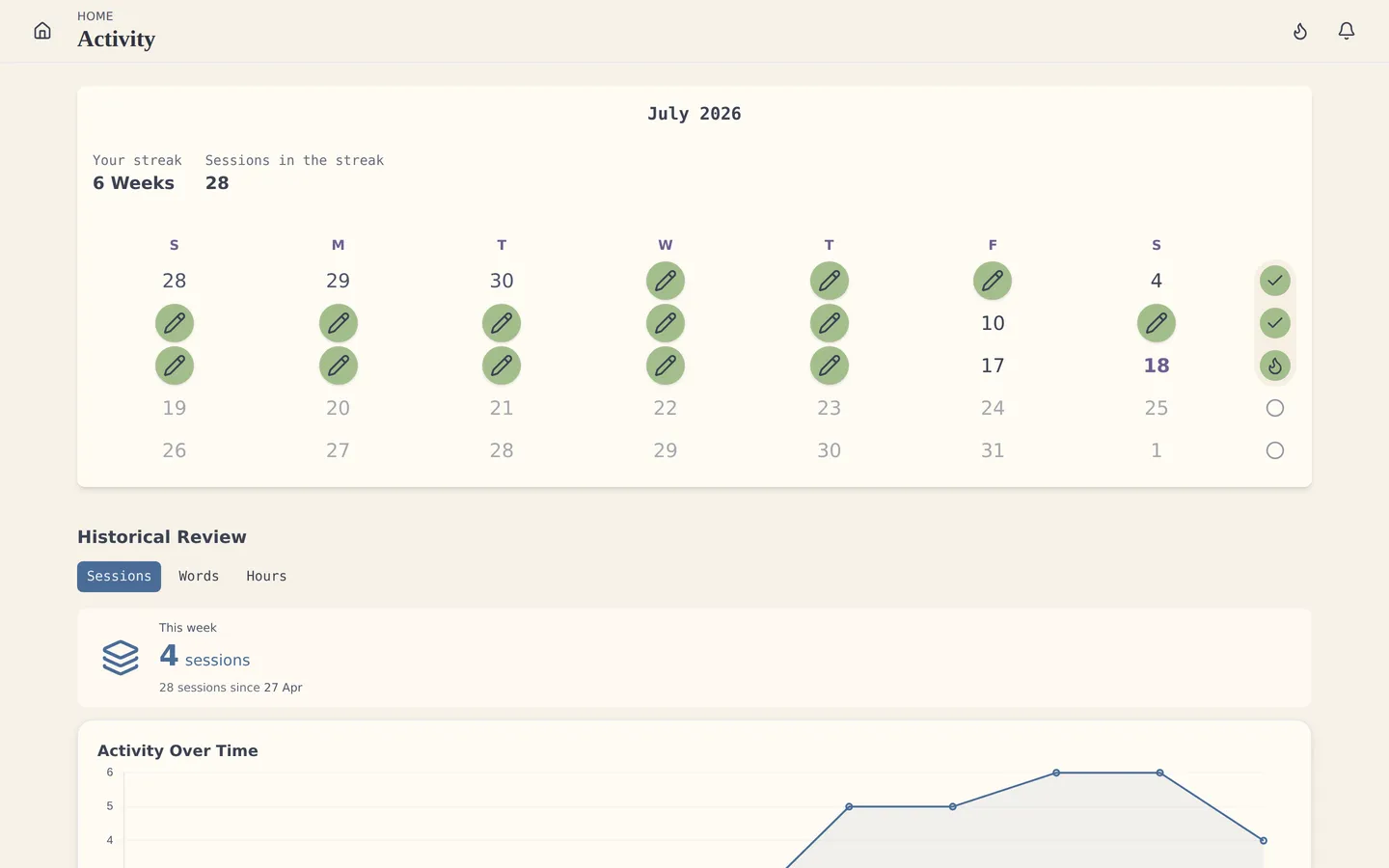 Progress & sessions: your streak, your rhythm, your commitment over time.