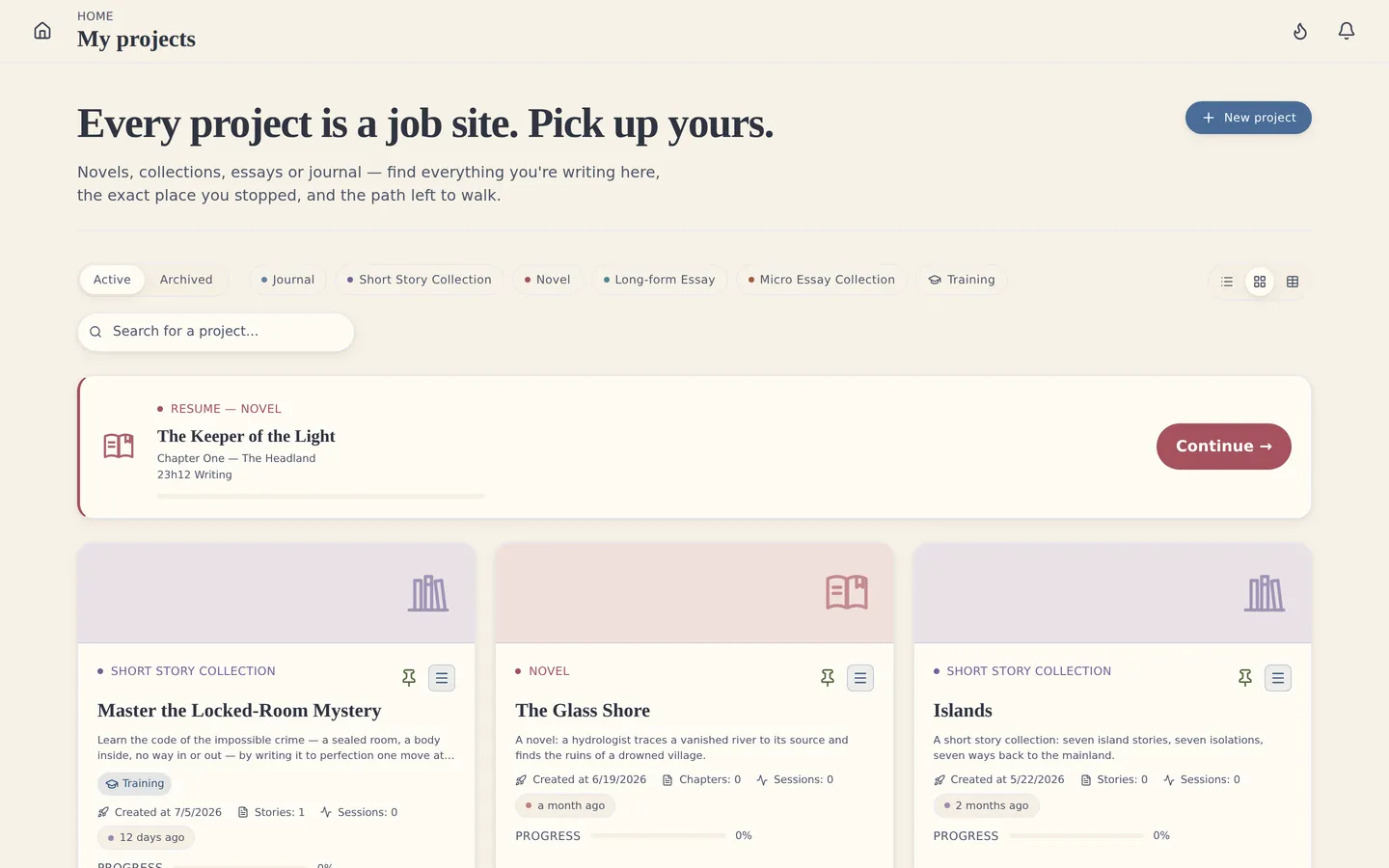 Your projects, at a glance: everything you're writing, organized in one place.