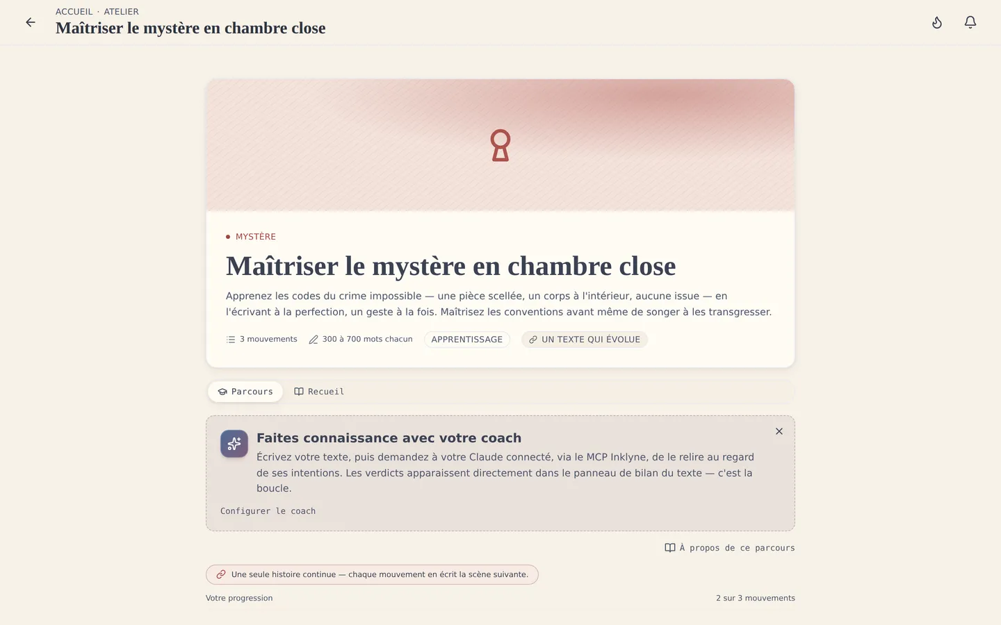 Le parcours d'entraînement : le prochain exercice de votre parcours, son brief, et la relecture de votre relecteur — au même endroit.