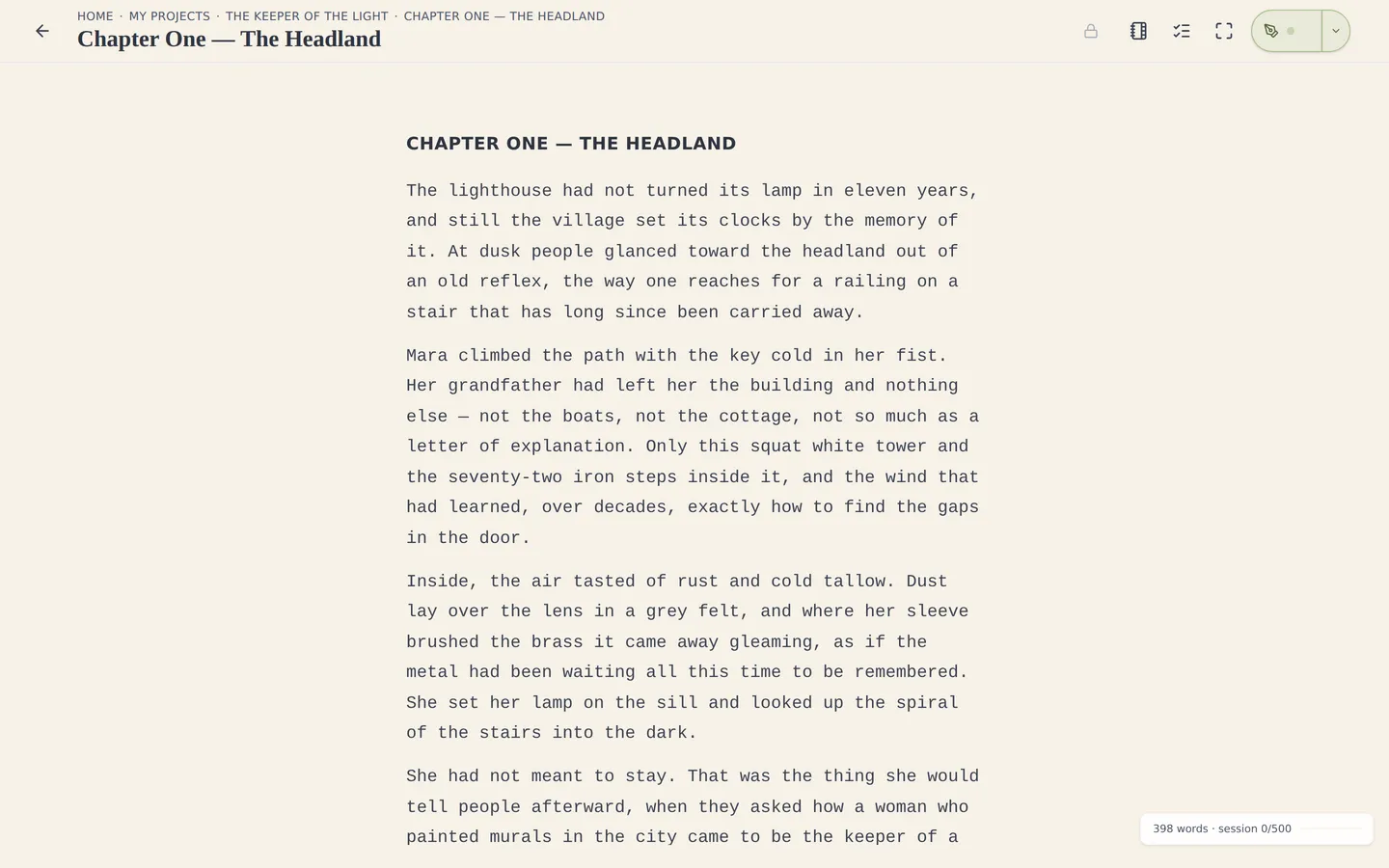 The practice editor: a distraction-free page that adapts to where you are in the work.