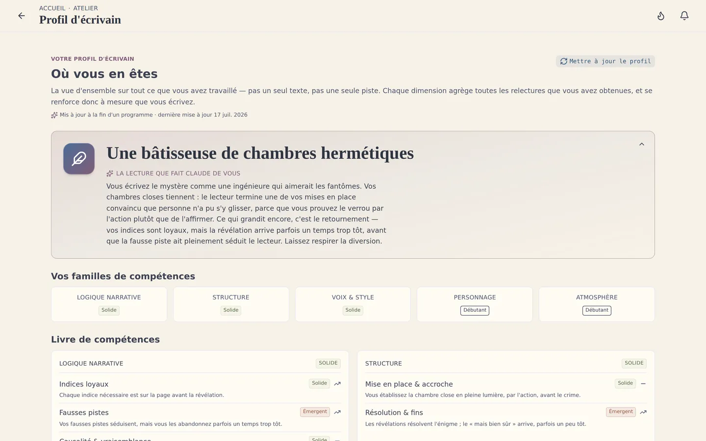 Votre profil d'auteur : où vous en êtes dans le métier, et quoi travailler ensuite — nourri par chaque relecture.