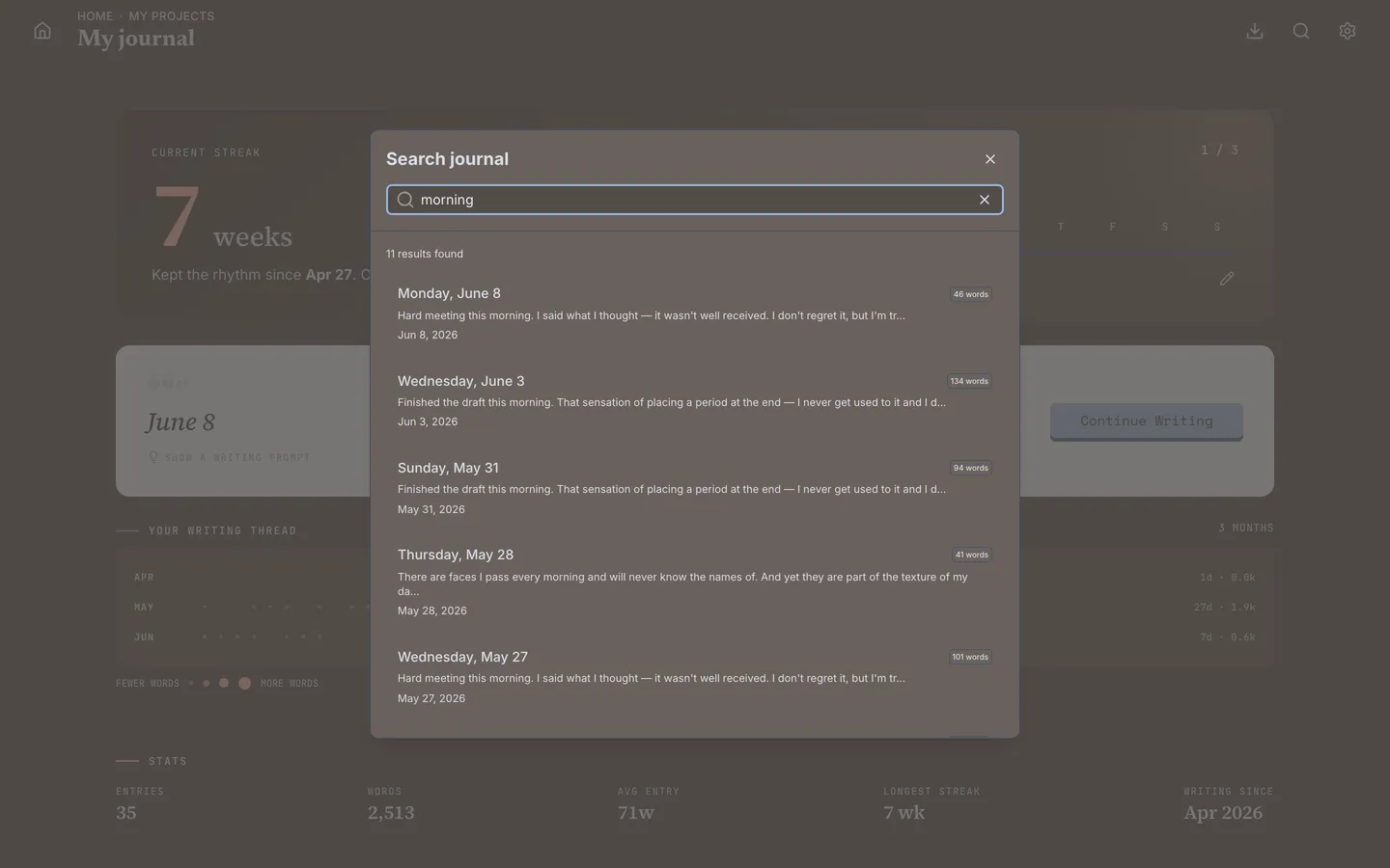 Full-text search across your whole journal