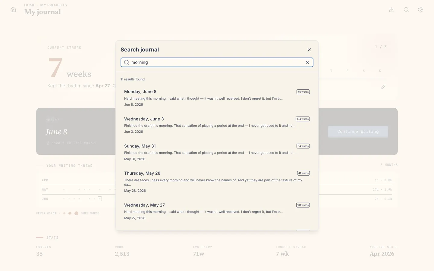 Full-text search across your whole journal