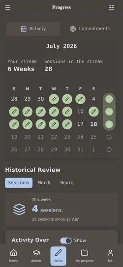Progress & sessions: your streak, your rhythm, your commitment over time.