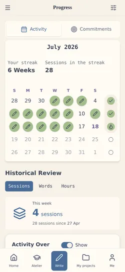 Progress & sessions: your streak, your rhythm, your commitment over time.
