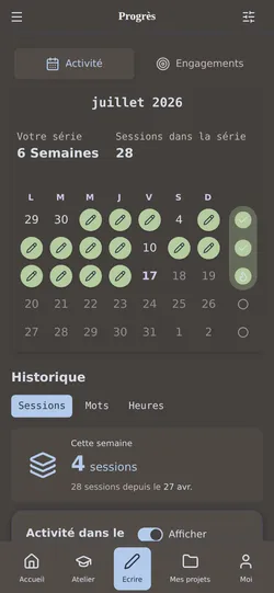Progression & séances : votre série, votre rythme, votre engagement au fil du temps.