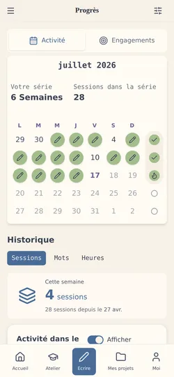 Progression & séances : votre série, votre rythme, votre engagement au fil du temps.