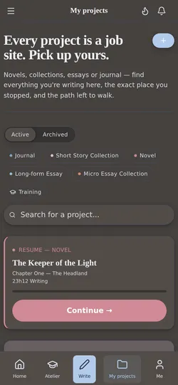 Your projects, at a glance: everything you're writing, organized in one place.