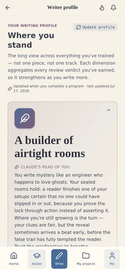 Your writer profile: where you stand across the craft, and what to work on next — built from every coach review.