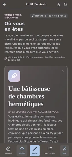 Votre profil d'auteur : où vous en êtes dans le métier, et quoi travailler ensuite — nourri par chaque relecture du coach.