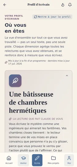 Votre profil d'auteur : où vous en êtes dans le métier, et quoi travailler ensuite — nourri par chaque relecture du coach.