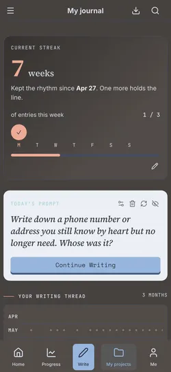 Your dashboard: streak, daily prompt, and the year's thread