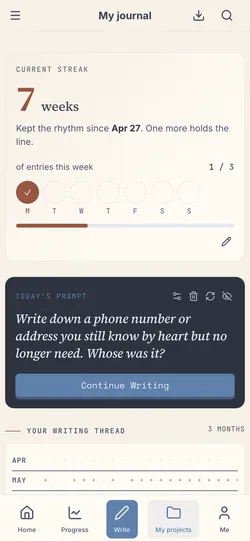 Your dashboard: streak, daily prompt, and the year's thread