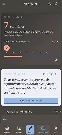 Votre tableau de bord : série, prompt du jour et fil de l'année