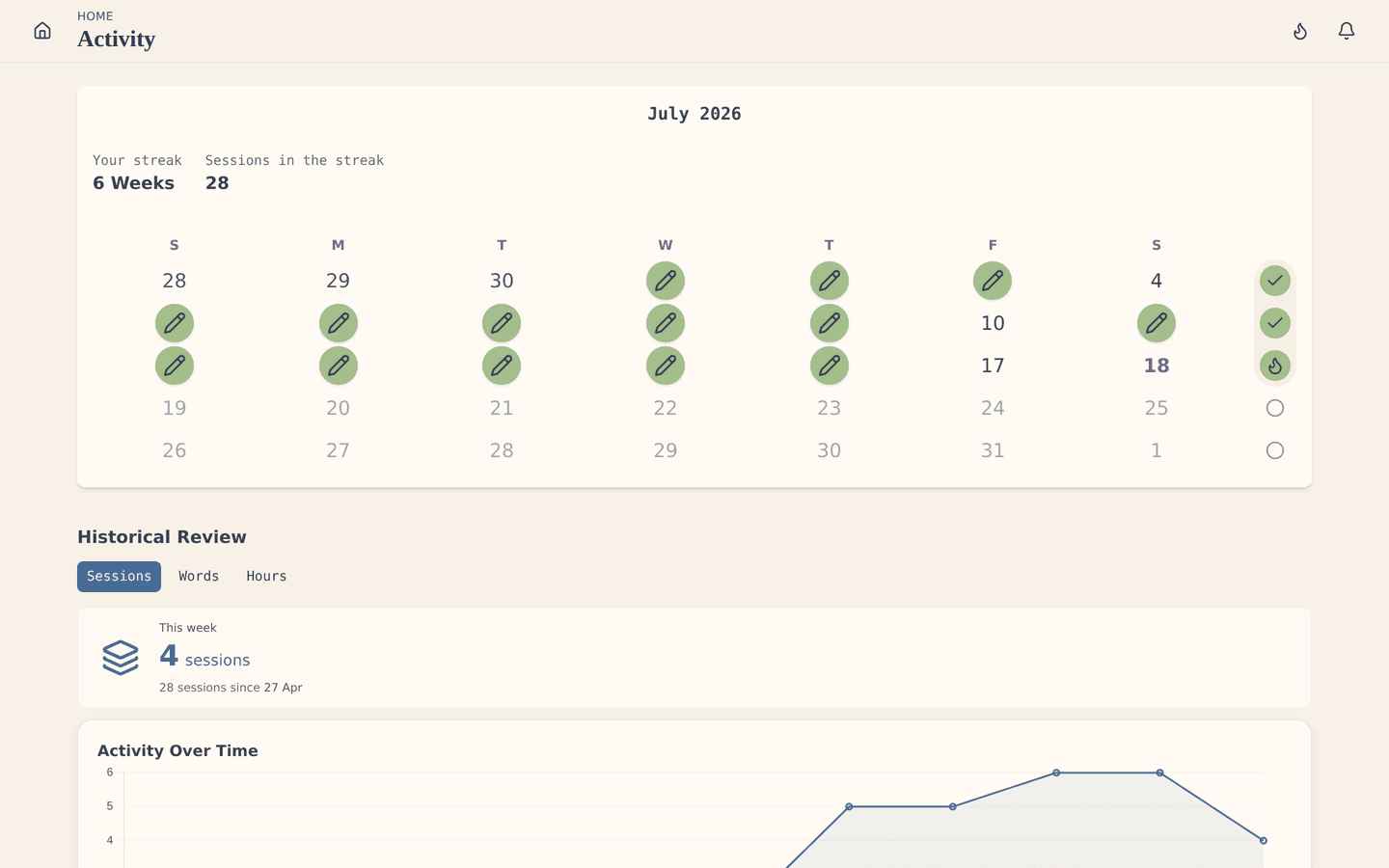 Progress & sessions: your streak, your rhythm, your commitment over time.