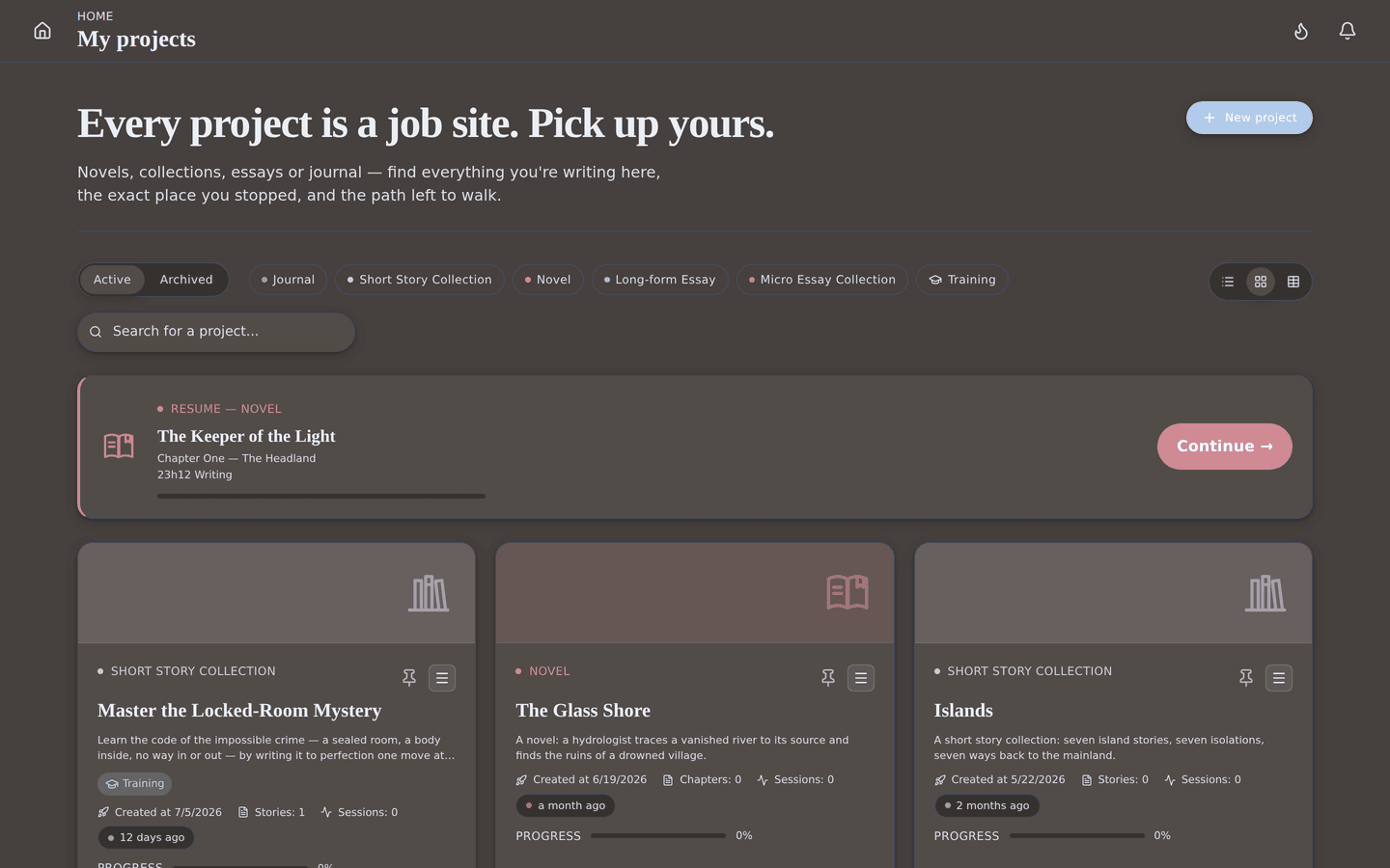Your projects, at a glance: everything you're writing, organized in one place.
