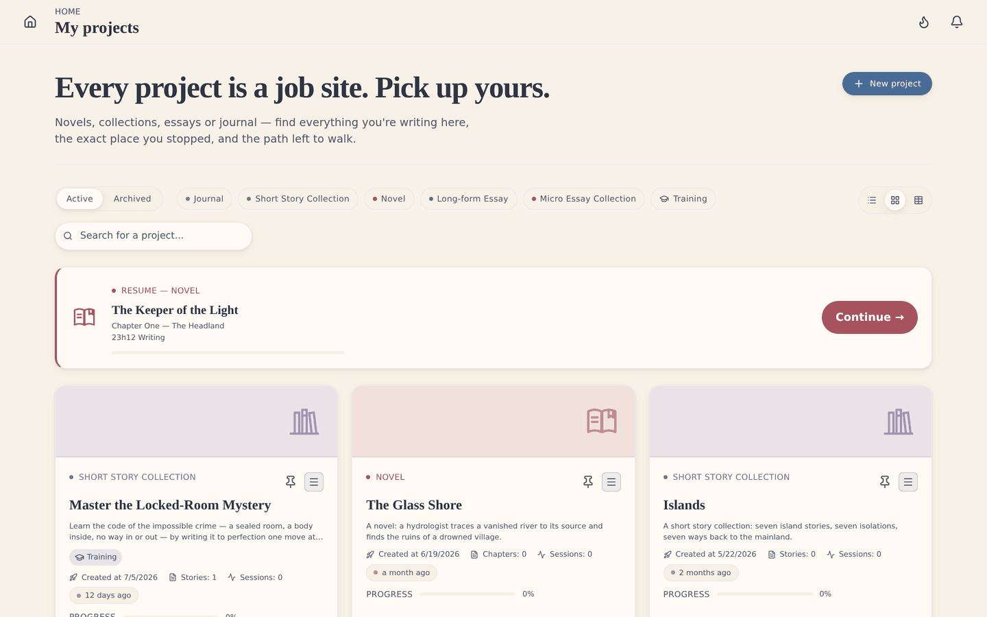 Your projects, at a glance: everything you're writing, organized in one place.