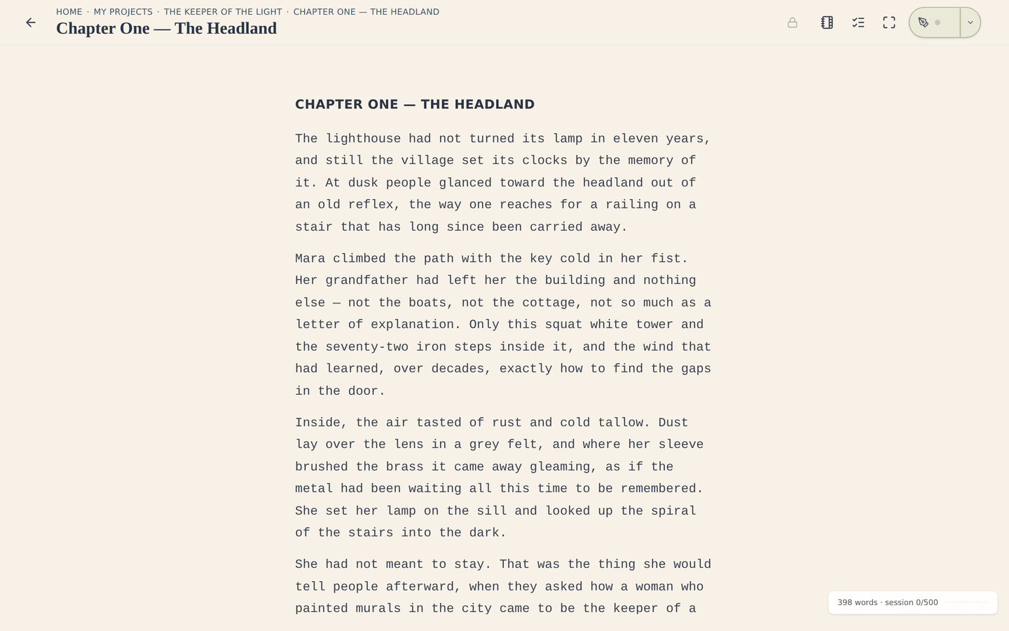 The practice editor: a distraction-free page that adapts to where you are in the work.