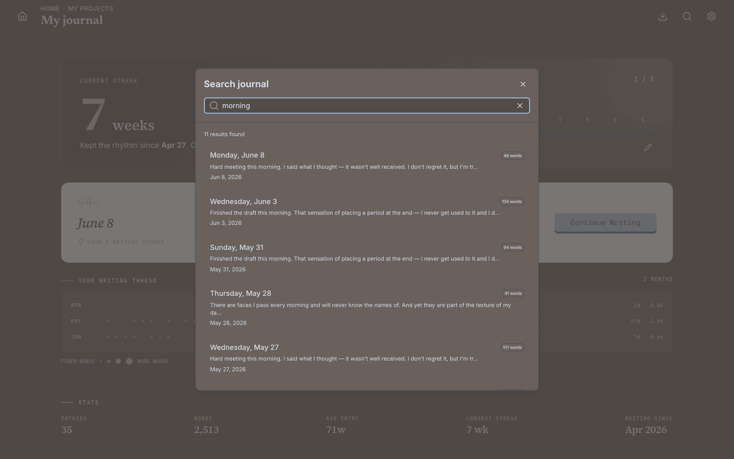 Full-text search across your whole journal