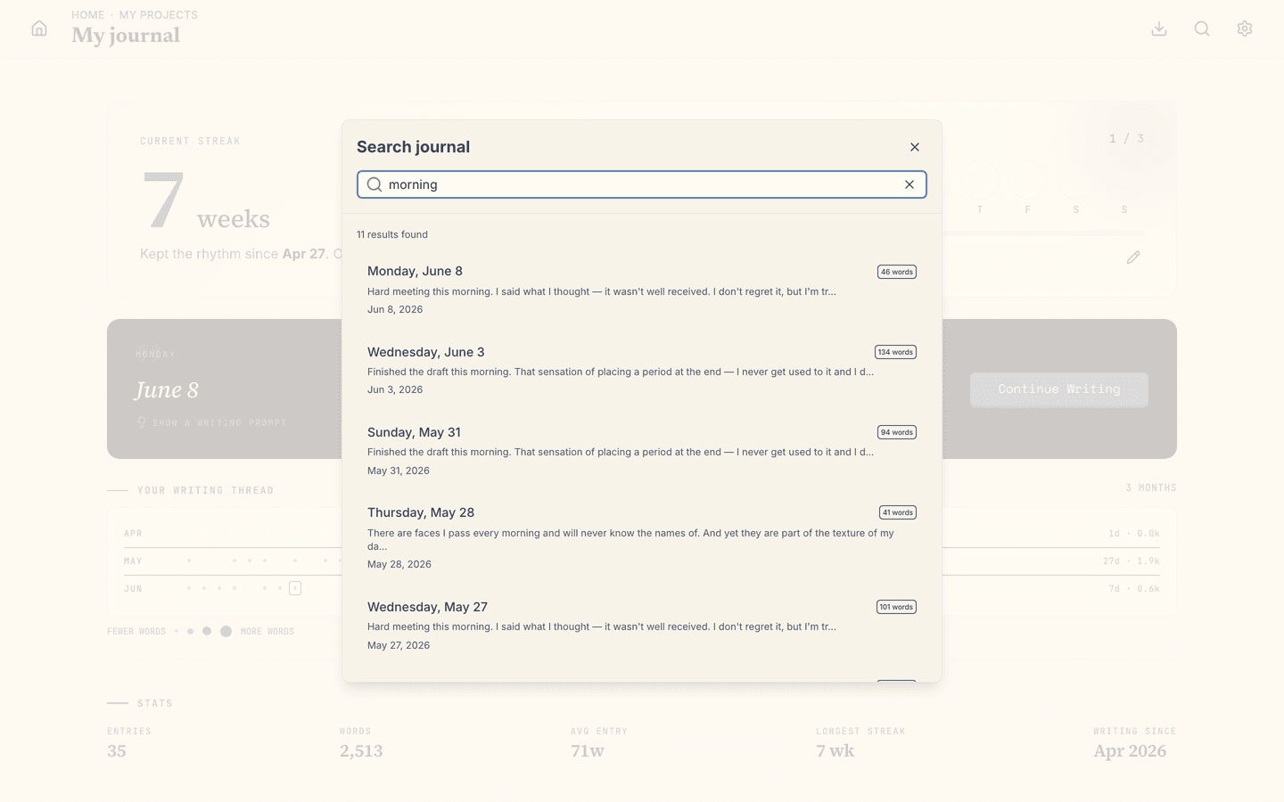 Full-text search across your whole journal