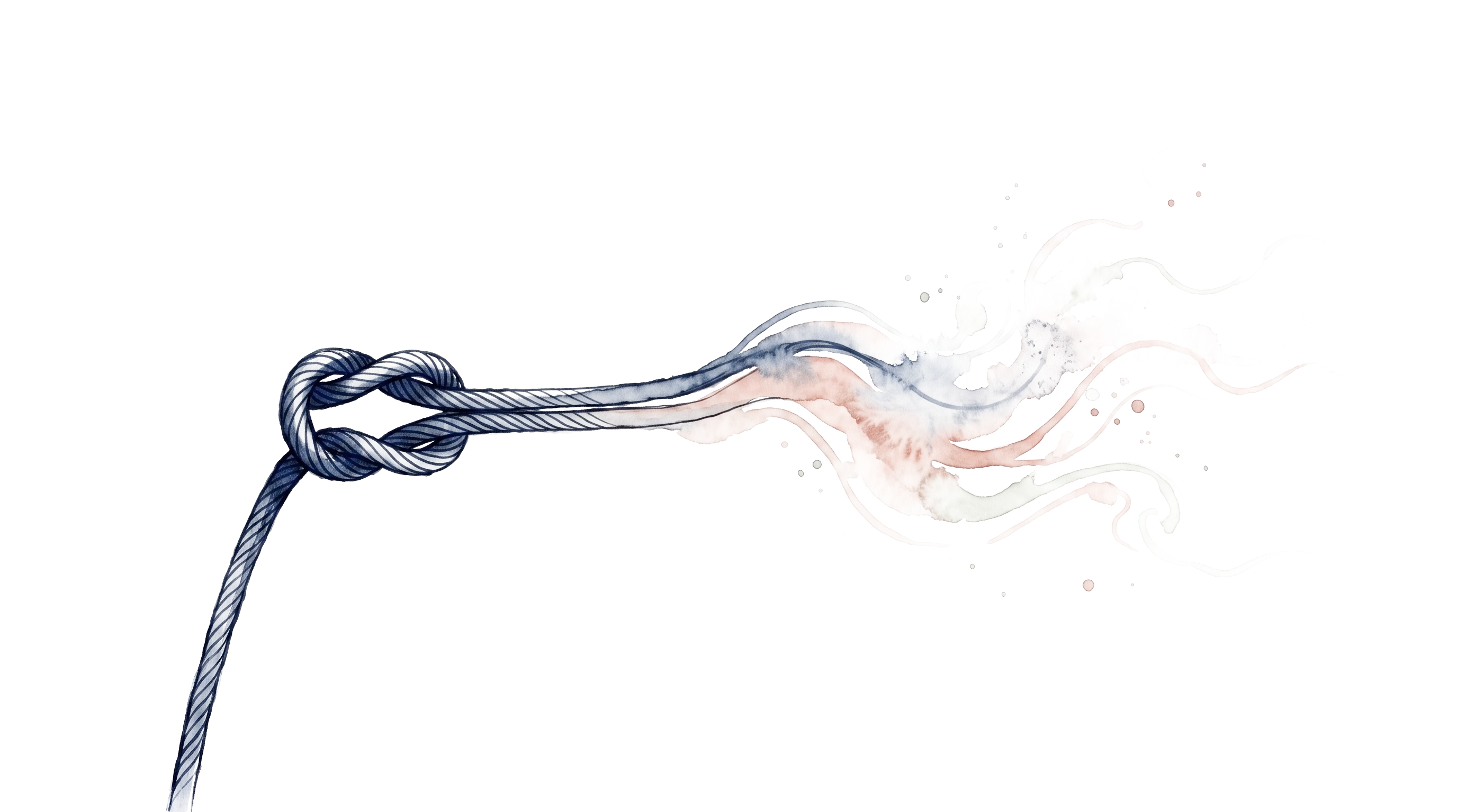Illustration à l'encre et à l'aquarelle d'un nœud précis reliant deux cordes, se dissolvant en volutes de couleur vers la droite