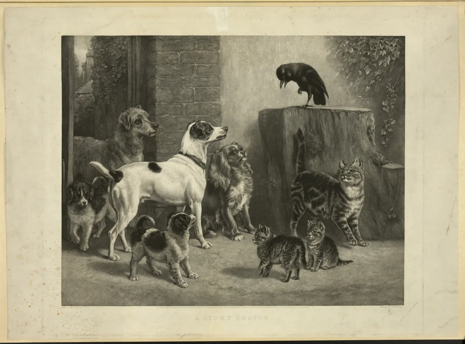19th-century print of an orator addressing a crowd from a tree stump