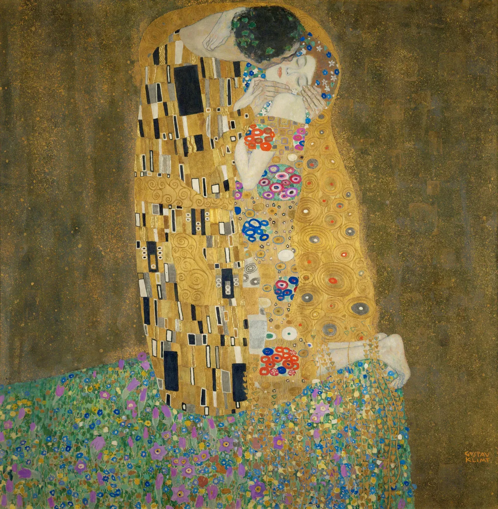 An embracing couple rendered in gold and ornament, Gustav Klimt's The Kiss