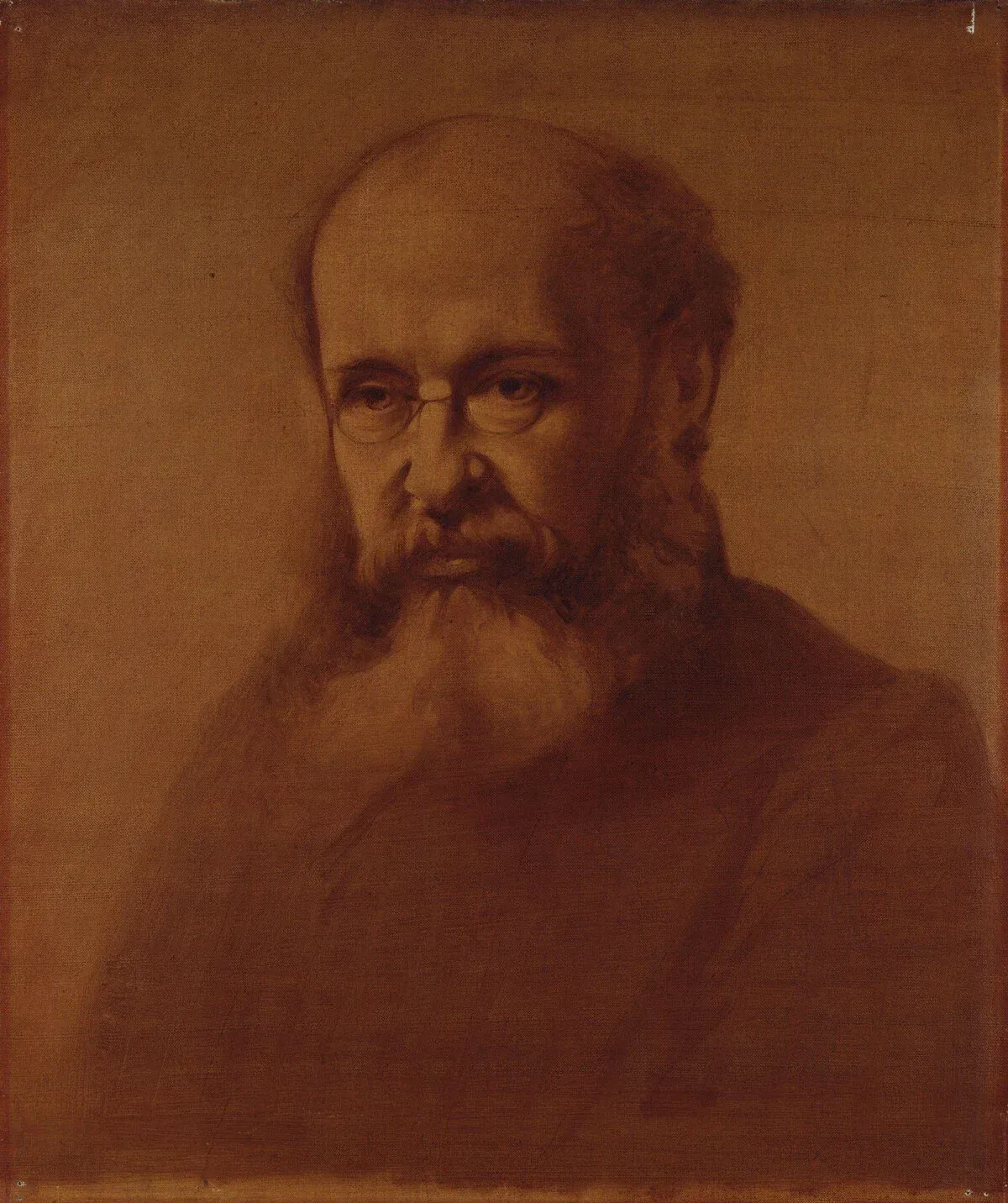 Portrait of Anthony Trollope, bearded, in three-quarter view, gazing steadily at the viewer