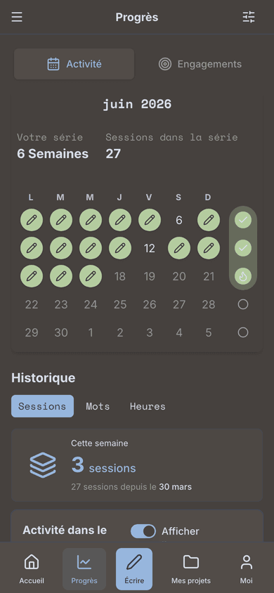 Progression & séances : votre série, votre rythme, votre engagement au fil du temps.