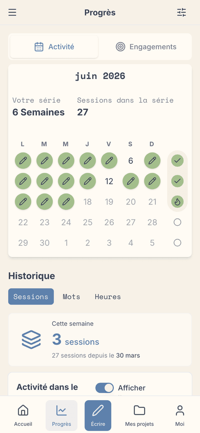 Progression & séances : votre série, votre rythme, votre engagement au fil du temps.