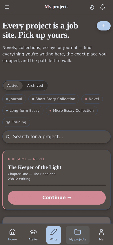Your projects, at a glance: everything you're writing, organized in one place.