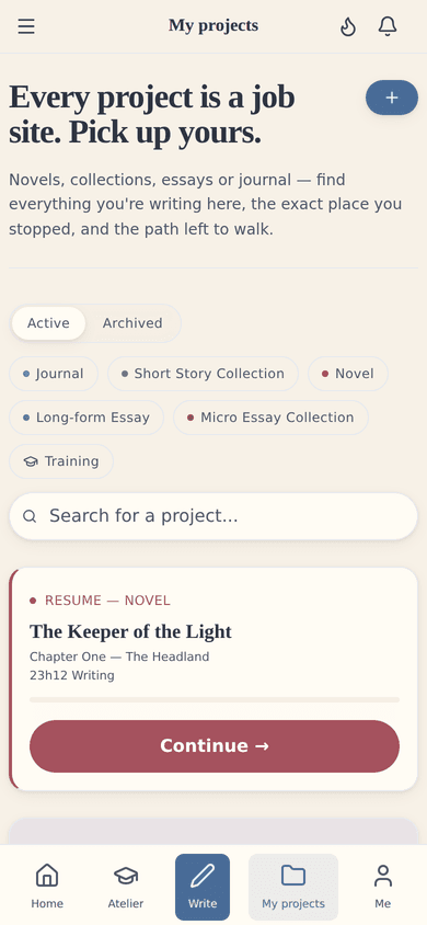 Your projects, at a glance: everything you're writing, organized in one place.