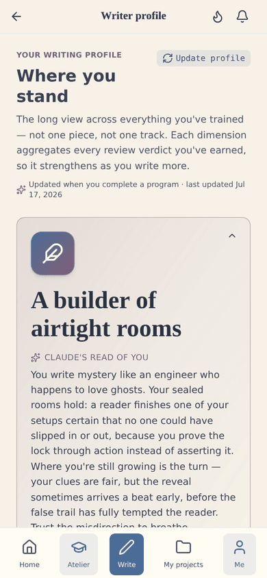Your writer profile: where you stand across the craft, and what to work on next — built from every coach review.