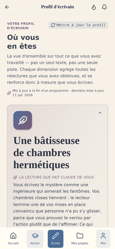 Votre profil d'auteur : où vous en êtes dans le métier, et quoi travailler ensuite — nourri par chaque relecture du coach.