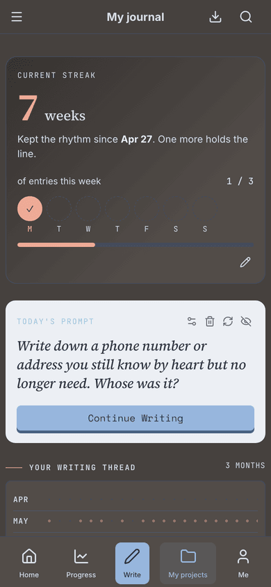 Your dashboard: streak, daily prompt, and the year's thread