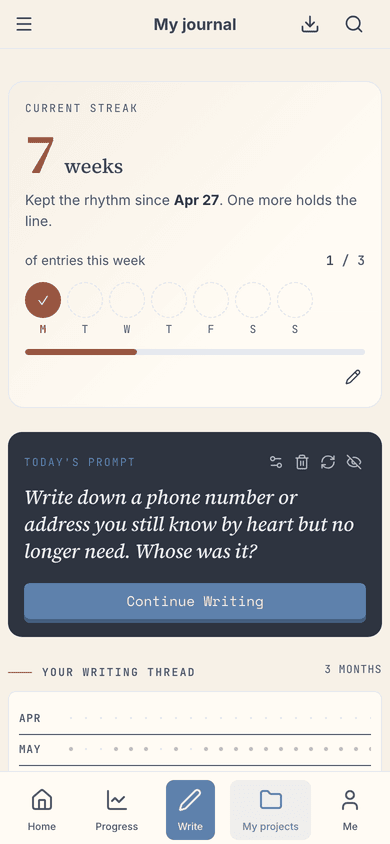 Your dashboard: streak, daily prompt, and the year's thread