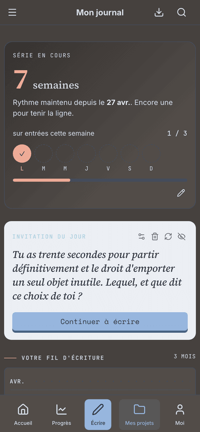 Votre tableau de bord : série, prompt du jour et fil de l'année