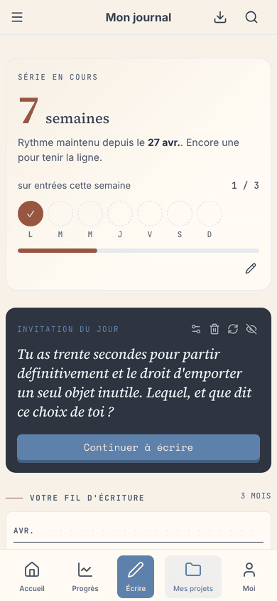 Votre tableau de bord : série, prompt du jour et fil de l'année